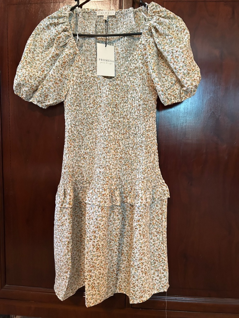 Promesa White Floral Smocked Puff-Sleeve Dress